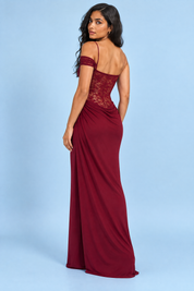 Robe longue bordeaux en dentelle froncée | Vue de dos | Lounelle Paris