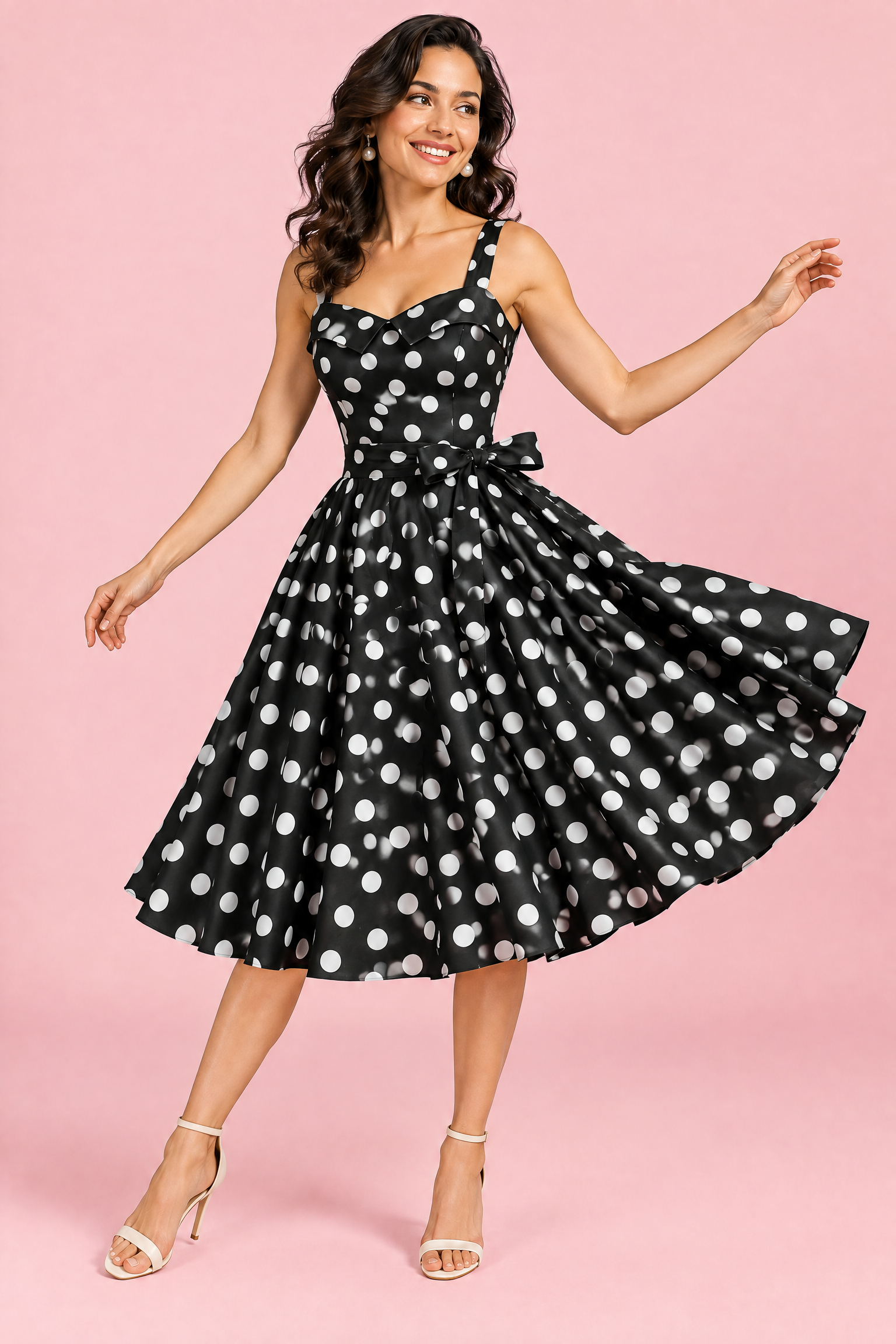 Robe midi noire à pois et encolure carrée | Vue en mouvement | Lounelle Paris