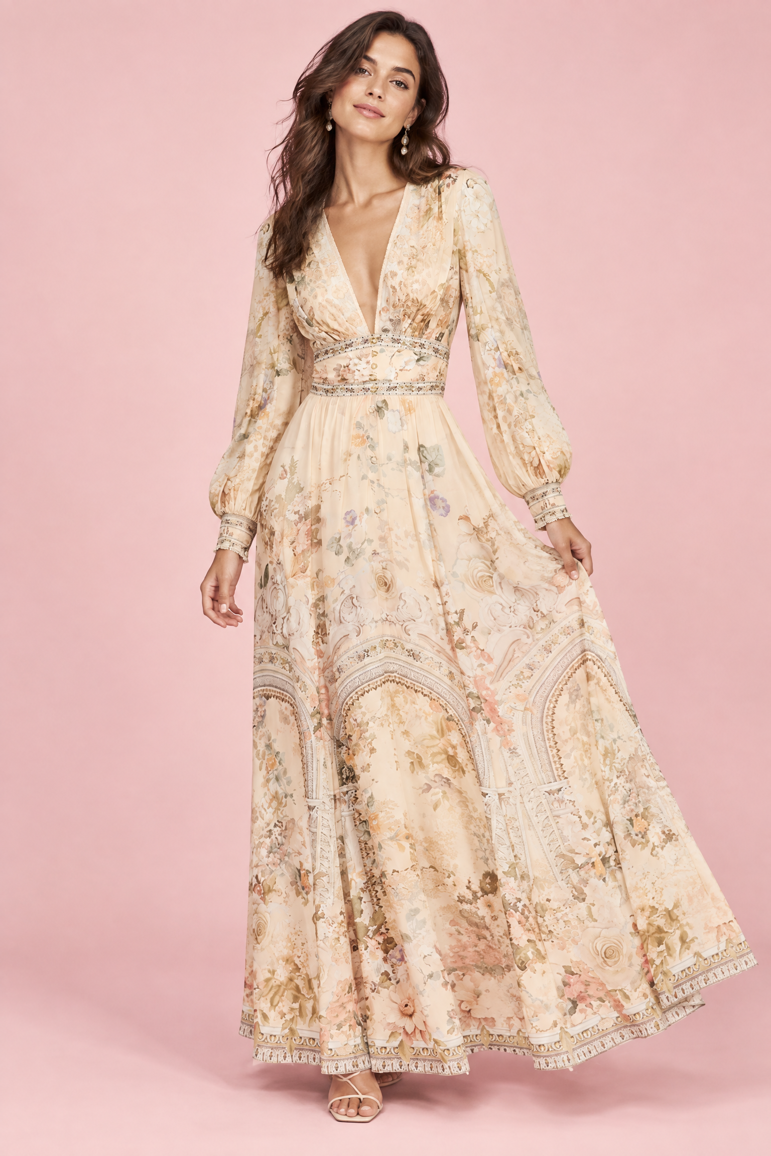 Robe longue écrue à col V et manches bouffantes | Vue de face | Lounelle Paris