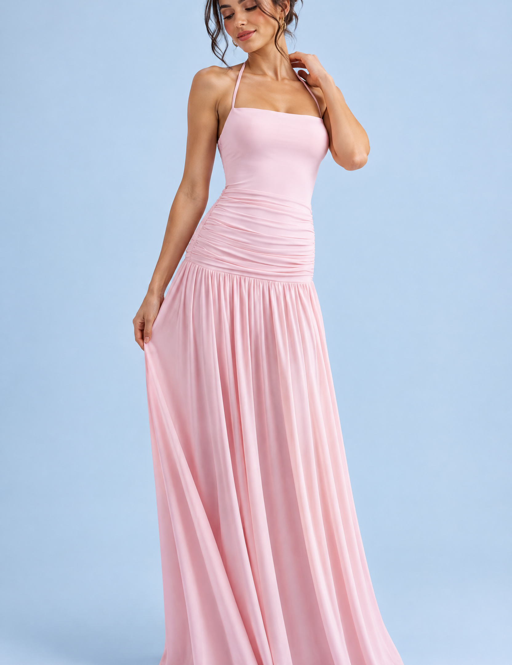 Robe longue rose à encolure carrée et fronces | Vue de face | Lounelle Paris