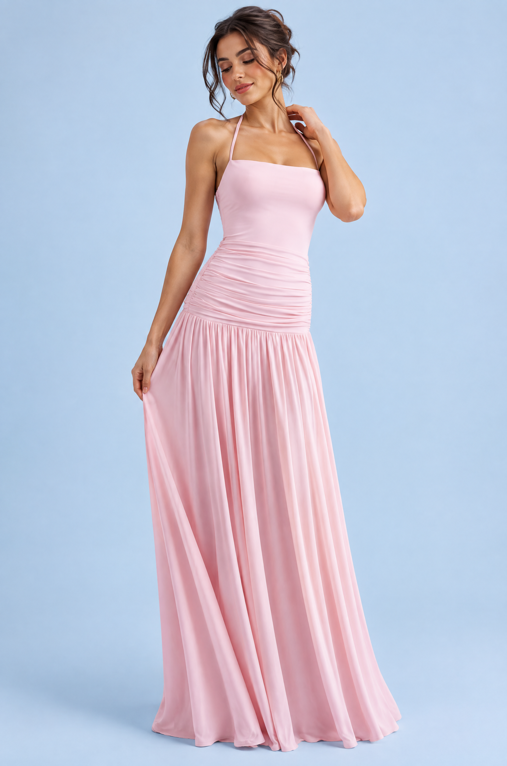 Robe longue rose à encolure carrée et fronces | Vue de face | Lounelle Paris