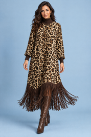Robe longue imprimée léopard à franges | Vue de face | Lounelle Paris