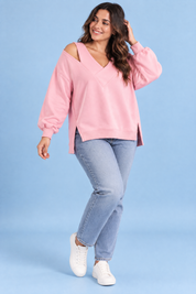 Top rose à épaules dénudées et col V | Porté sur une silhouette plus ronde | Lounelle Paris