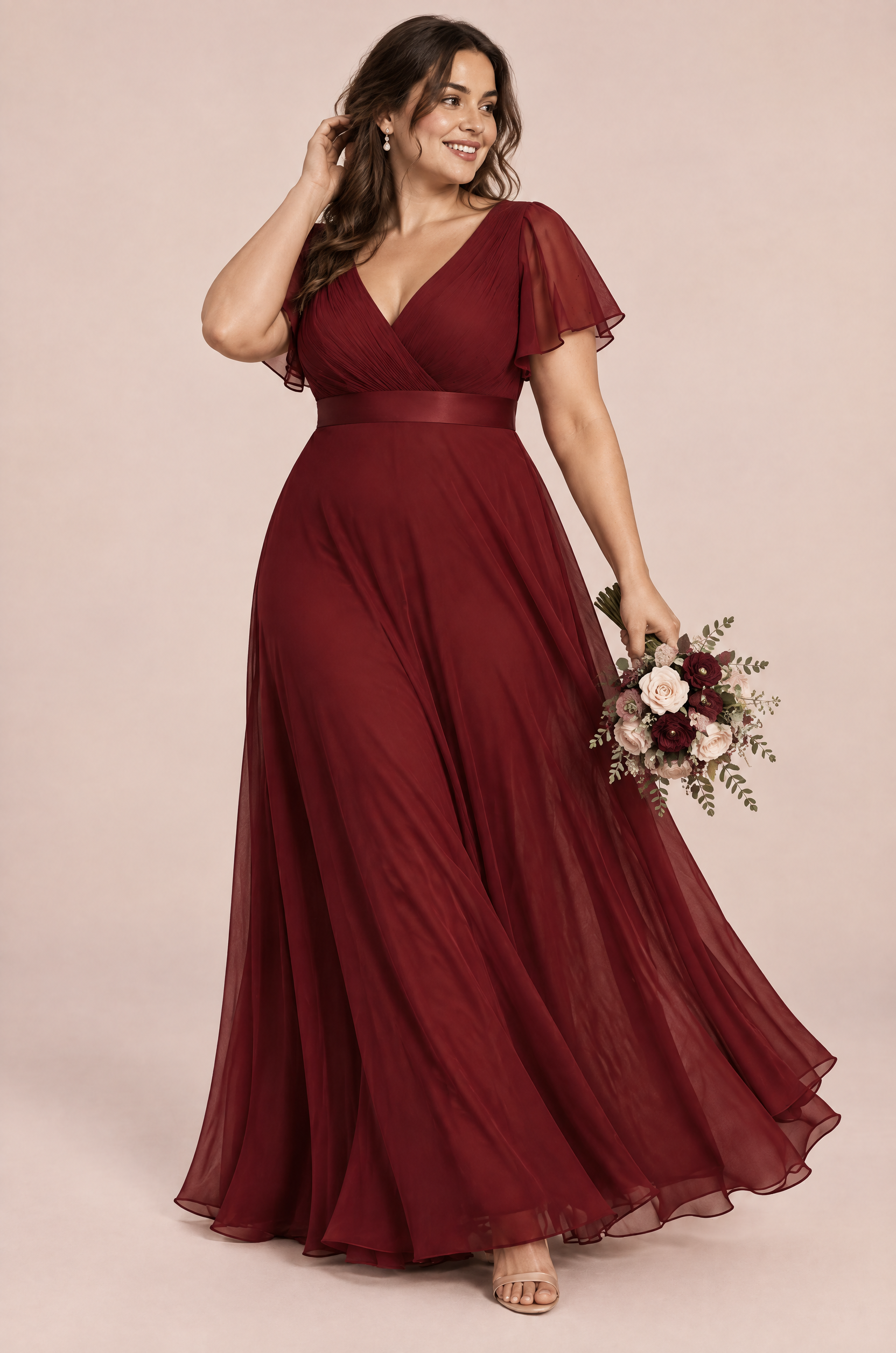 Robe longue plissée bordeaux à col V | Porté sur une silhouette plus ronde | Lounelle Paris