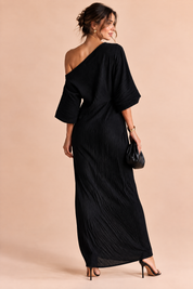 Robe asymétrique noire à épaule dénudée | Vue de dos | Lounelle Paris