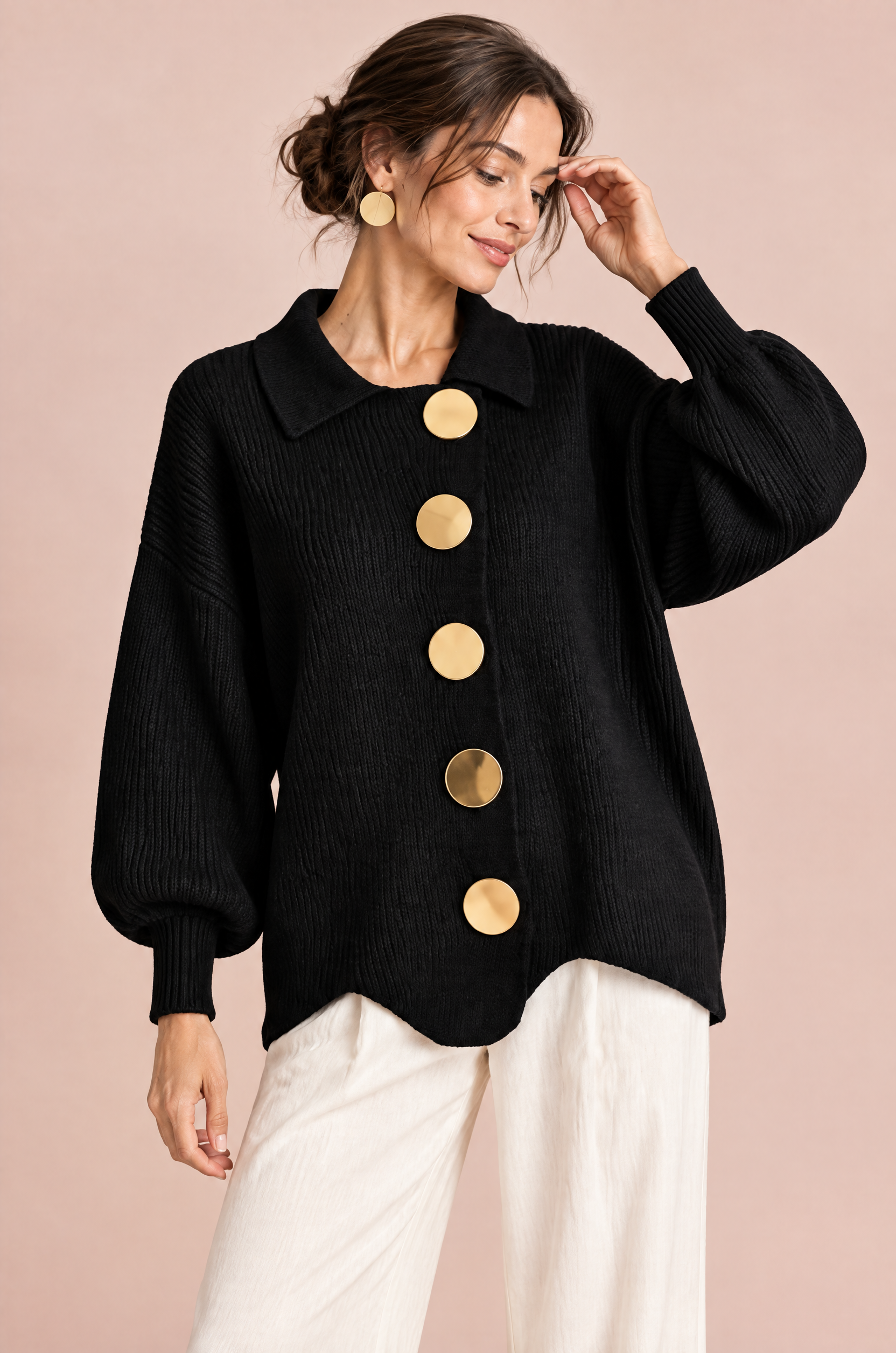 Cardigan oversize noir à col | Vue rapprochée | Lounelle Paris