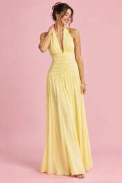 Robe longue jaune à décolleté plongeant et détails froncés | Vue de face | Lounelle Paris
