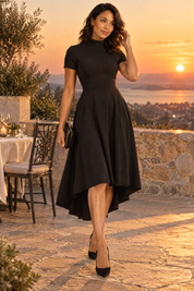 Robe midi asymétrique à col montant noire | Deuxième photo lifestyle | Lounelle Paris