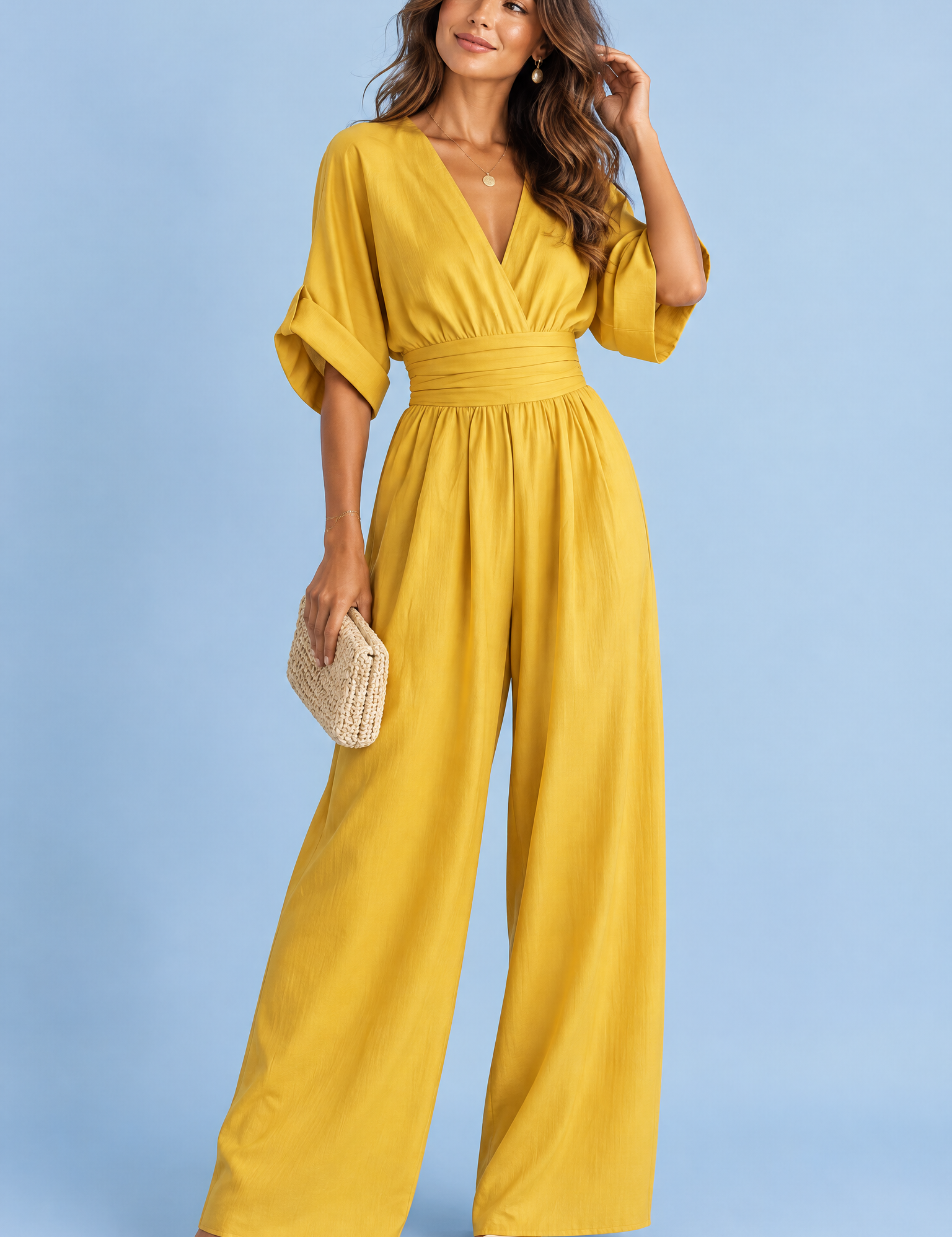Combinaison pantalon jaune à col V et jambes larges | Vue de face | Lounelle Paris