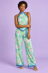 Mintgrønt blomstret asymmetrisk playsuit med halterneck