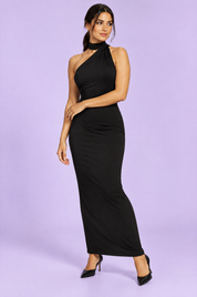 Robe longue noire à encolure asymétrique, avec col | Porté sur une autre silhouette | Lounelle Paris