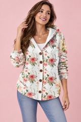 Råhvid cardigan med blomstermønster og hætte