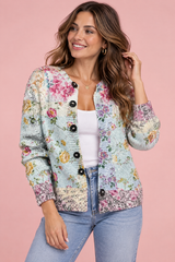 Blomstret cardigan med knapper i blå