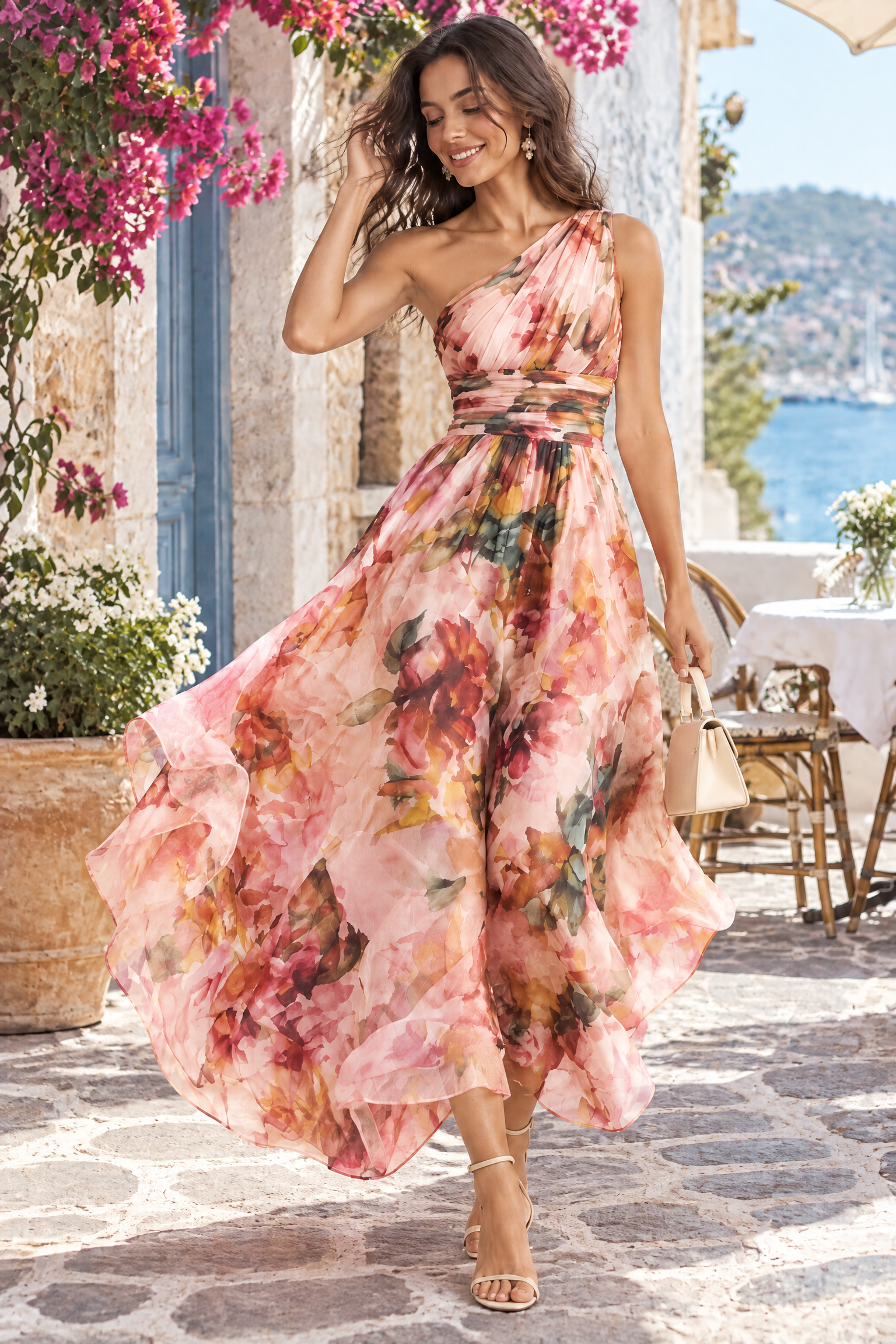 Robe rose fleurie à une épaule | Photo lifestyle | Lounelle Paris
