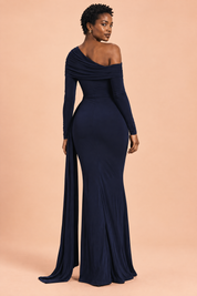 Robe longue bleu marine asymétrique à fronces et drapé | Vue de dos | Lounelle Paris