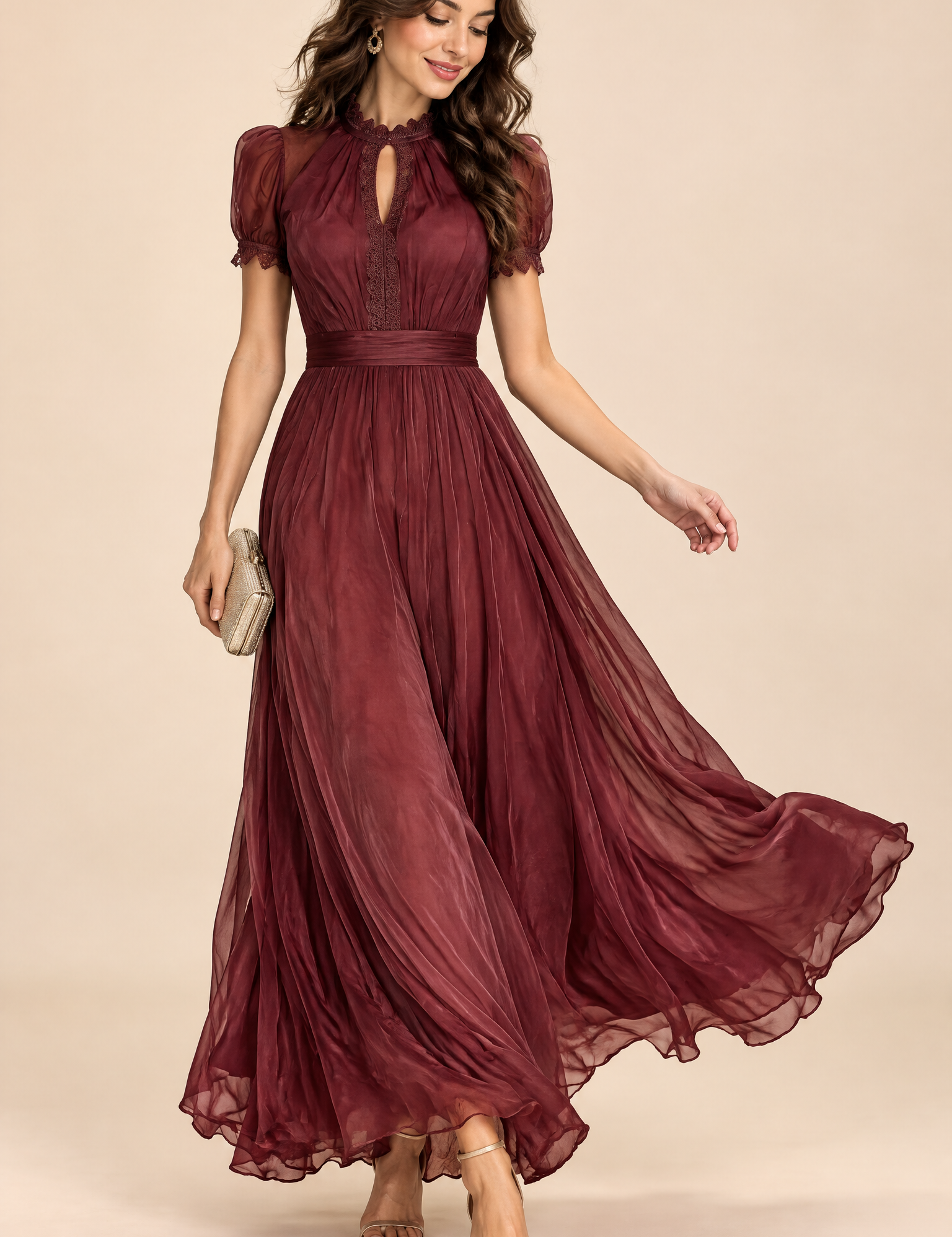Robe longue plissée bordeaux | Vue de face | Lounelle Paris