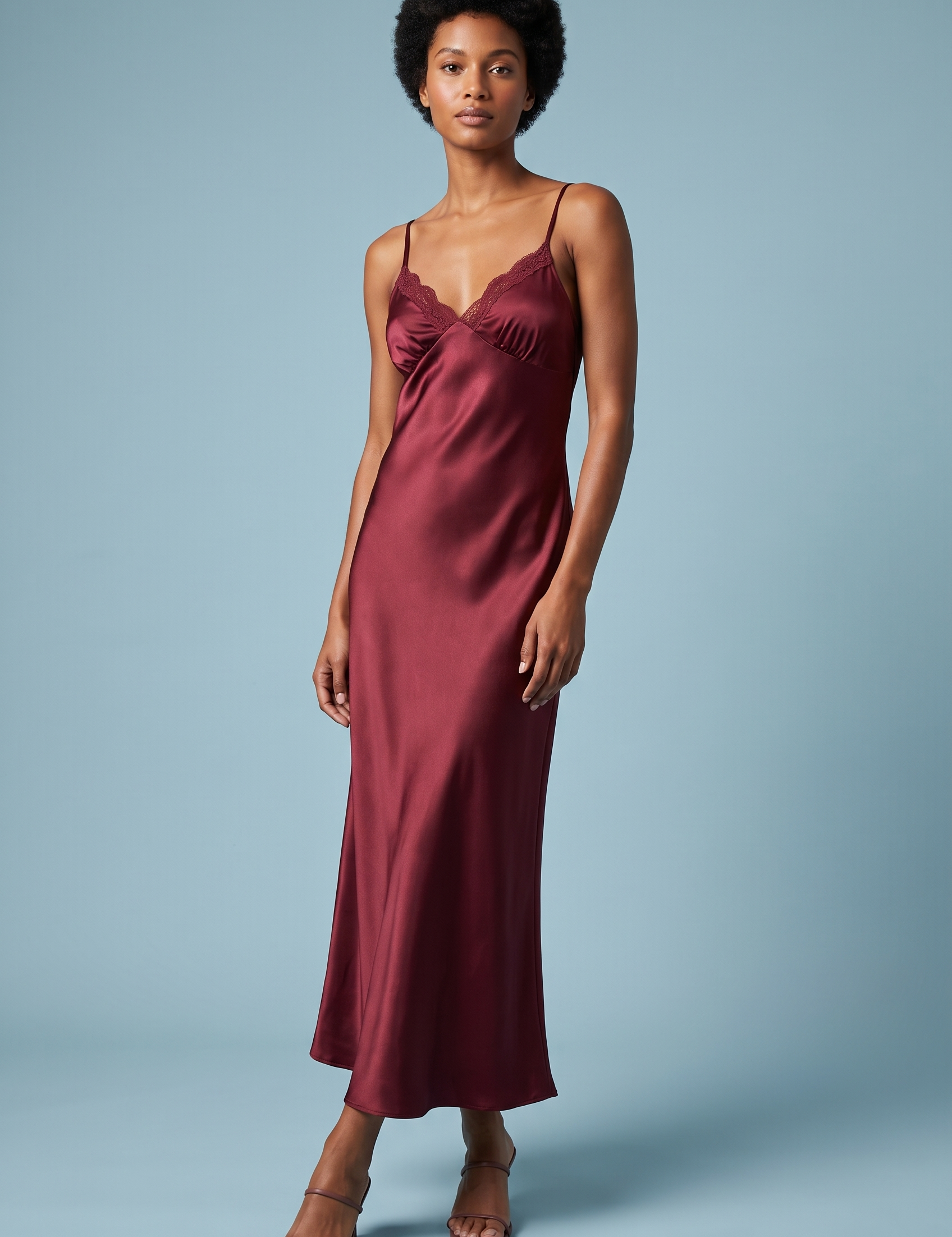 Robe nuisette longue bordeaux à dentelle | Vue de face | Lounelle Paris