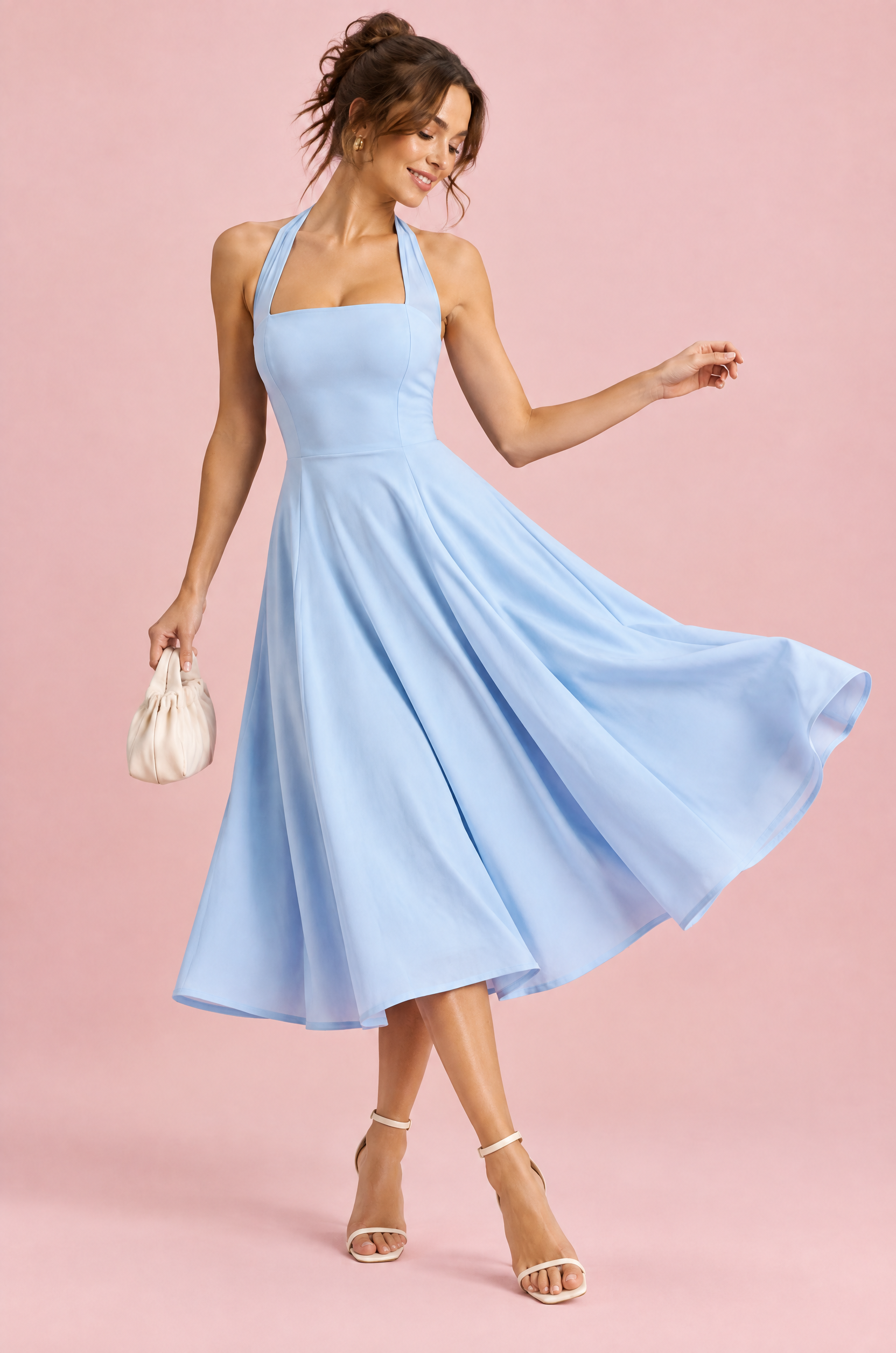 Robe midi patineuse bleu ciel à col américain | Vue en mouvement | Lounelle Paris