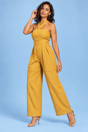 Combinaison à encolure dos nu et jambes larges jaune tournesol | Vue de dos | Lounelle Paris