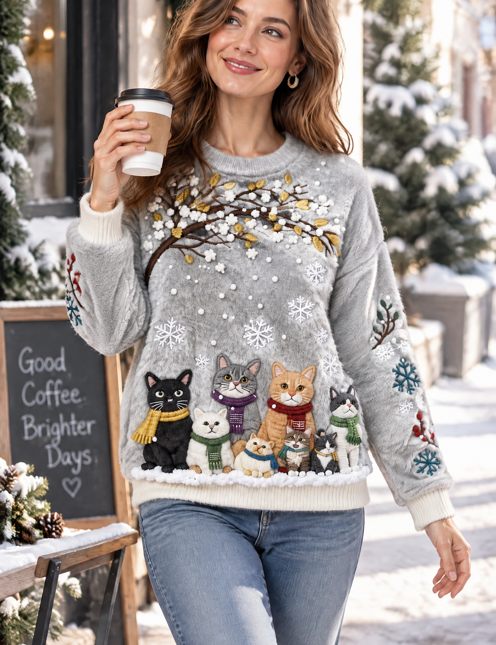 Pull oversize gris à motif chat | Photo lifestyle | Lounelle Paris