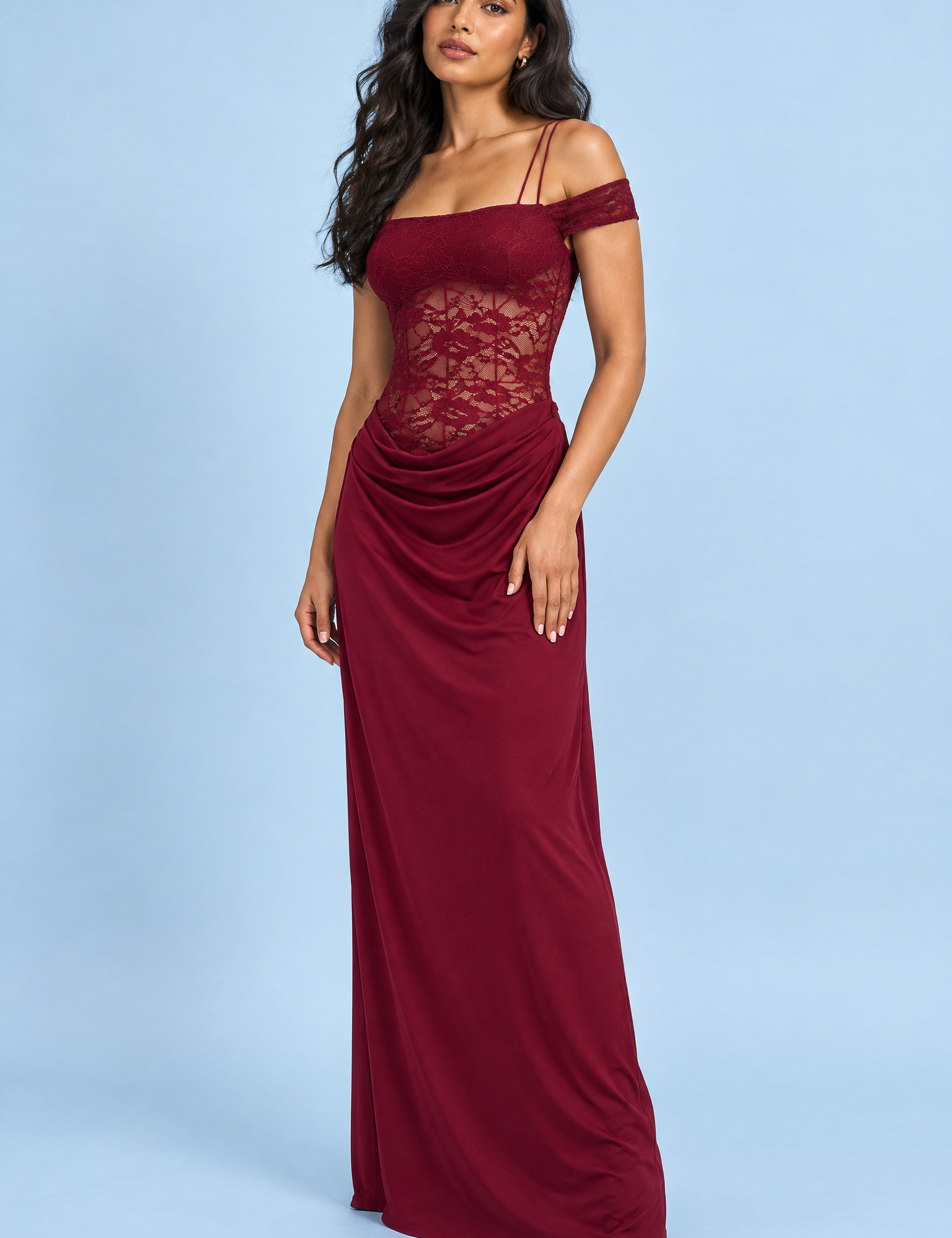 Robe longue bordeaux en dentelle froncée | Vue de face | Lounelle Paris