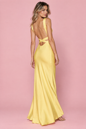 Robe longue jaune vif dos nu à décolleté en V | Vue de dos | Lounelle Paris