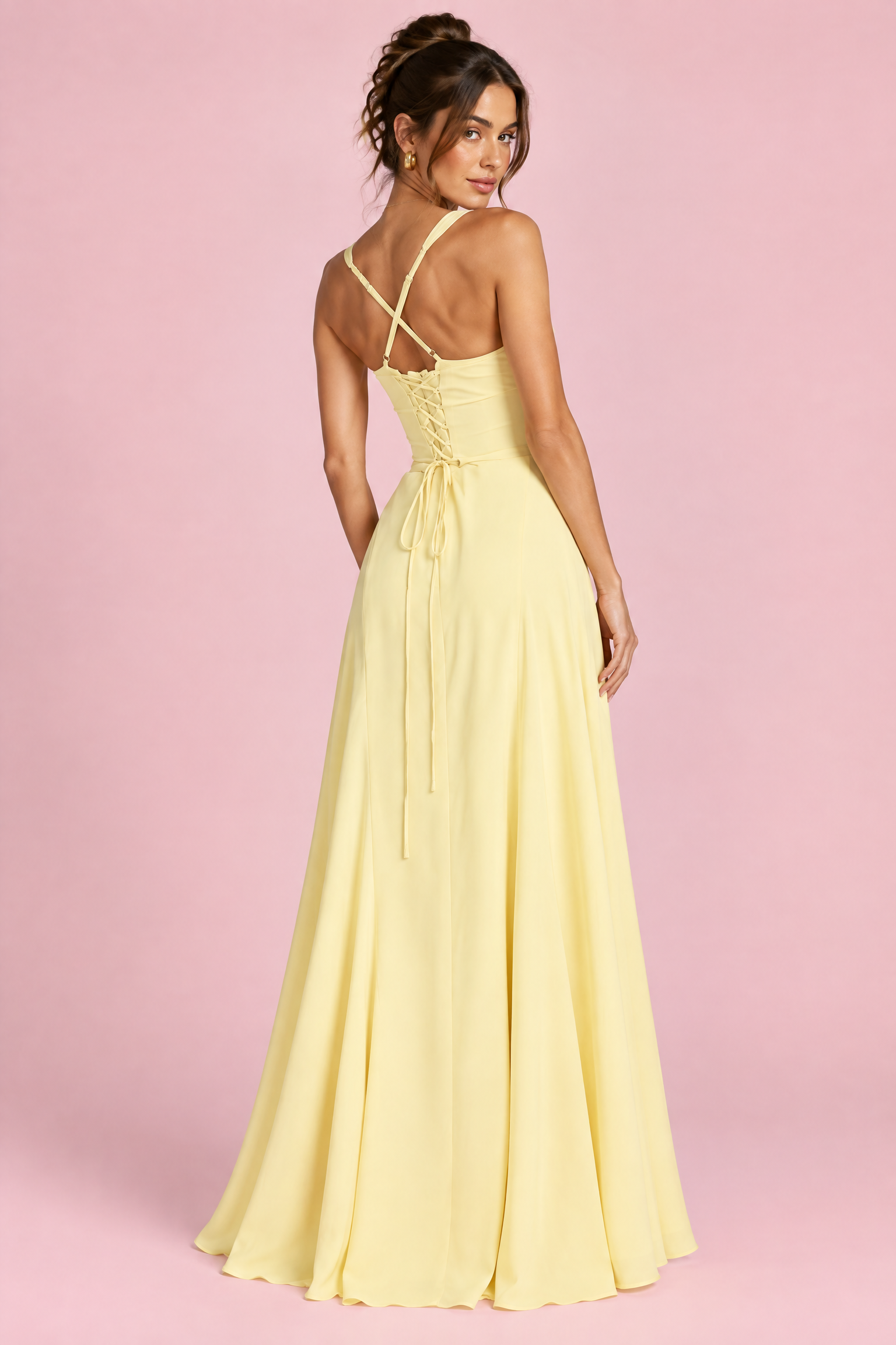Robe longue jaune vif à fronces et décolleté cœur | Vue de dos | Lounelle Paris