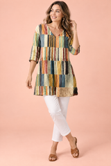 Stribet tunika med V-hals, beige