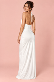 Robe longue blanche froncée à encolure américaine | Vue de dos | Lounelle Paris
