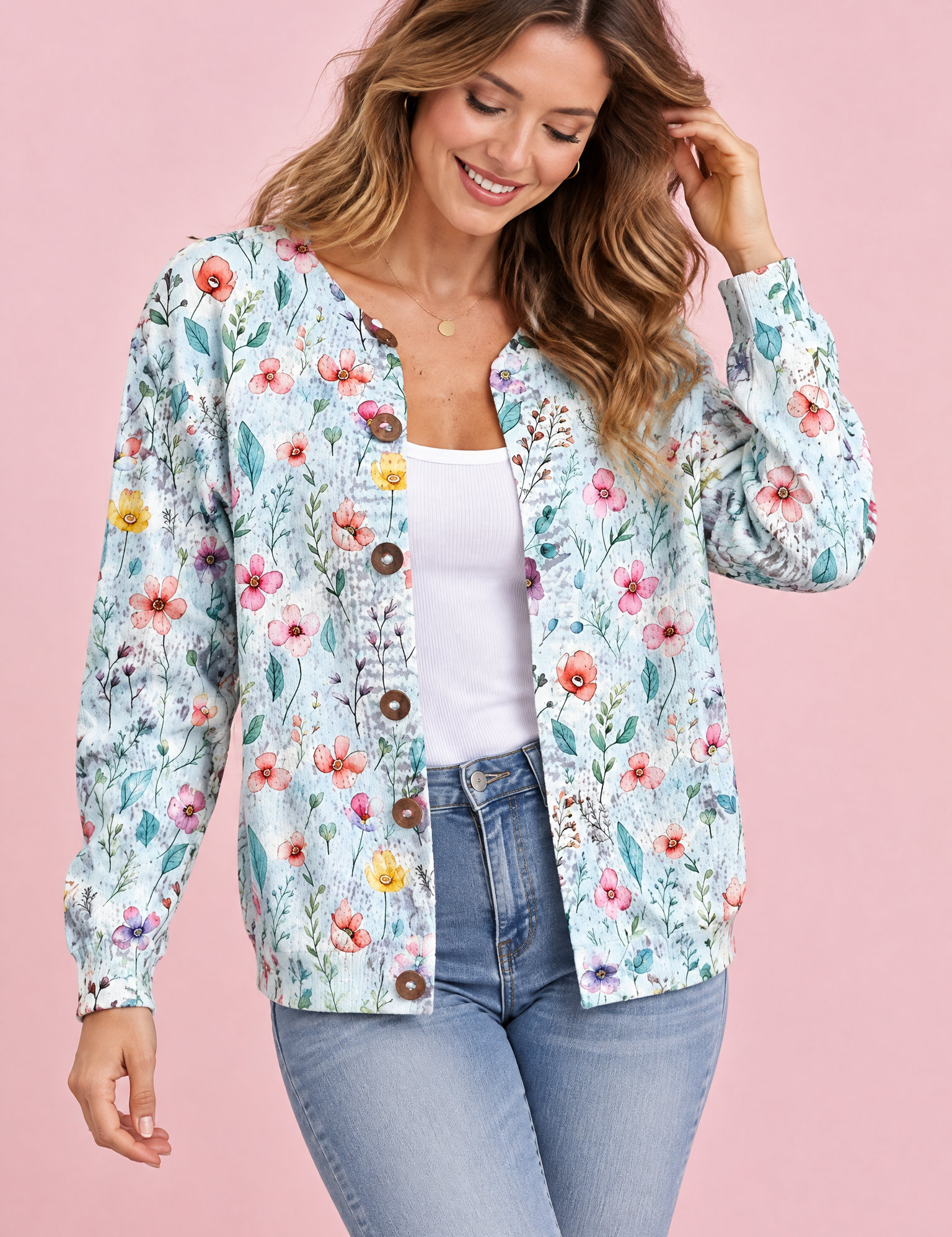 Cardigan bleu clair boutonné à col rond | Vue de face | Lounelle Paris