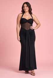 Robe longue noire froncée à encolure dos nu | Porté sur une autre silhouette | Lounelle Paris