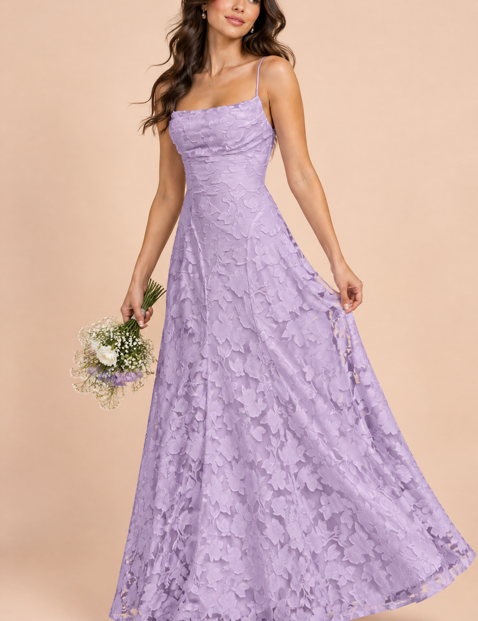 Robe longue fleurie lavande à col bénitier | Vue de face | Lounelle Paris