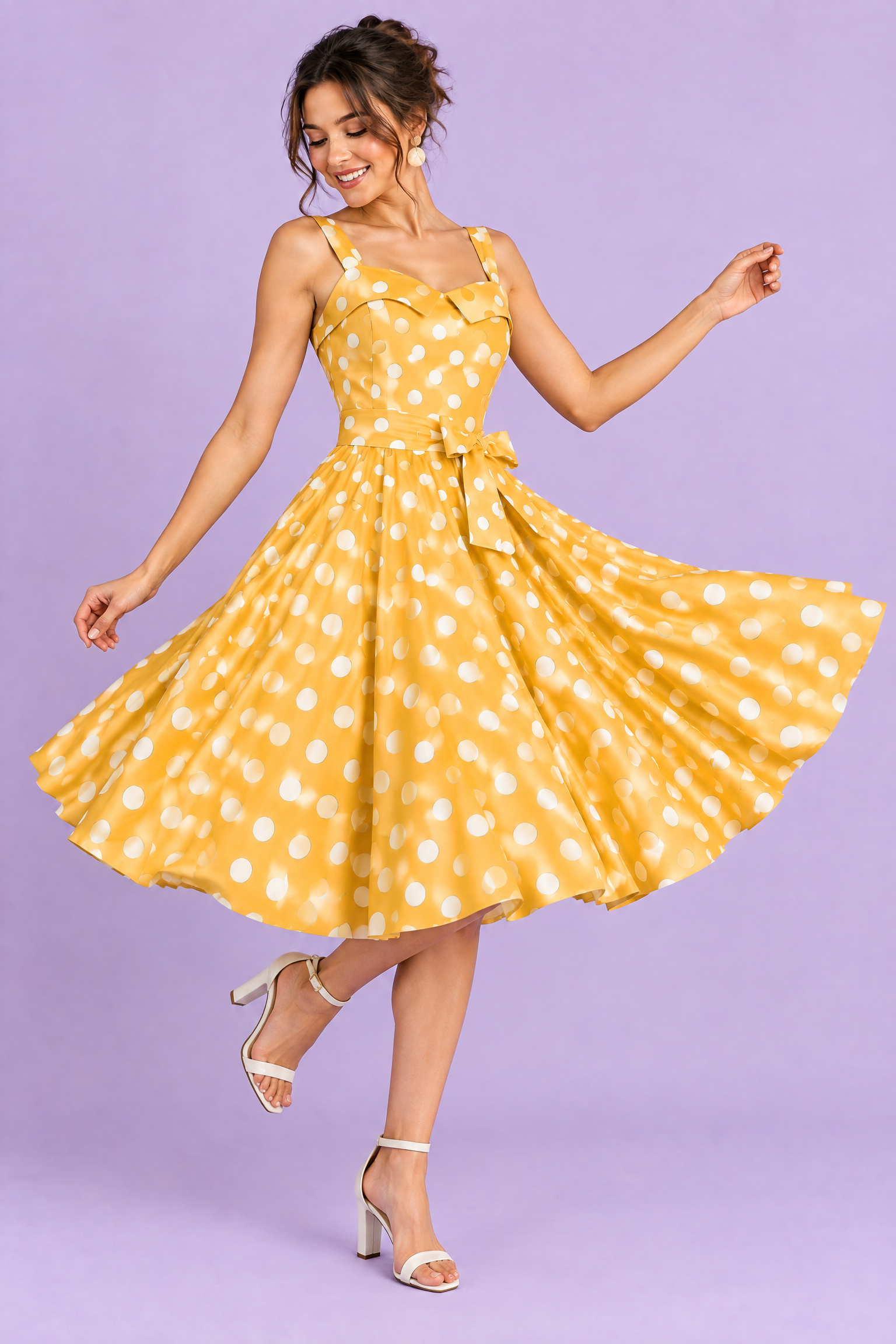 Robe midi jaune à pois et encolure carrée | Vue en mouvement | Lounelle Paris