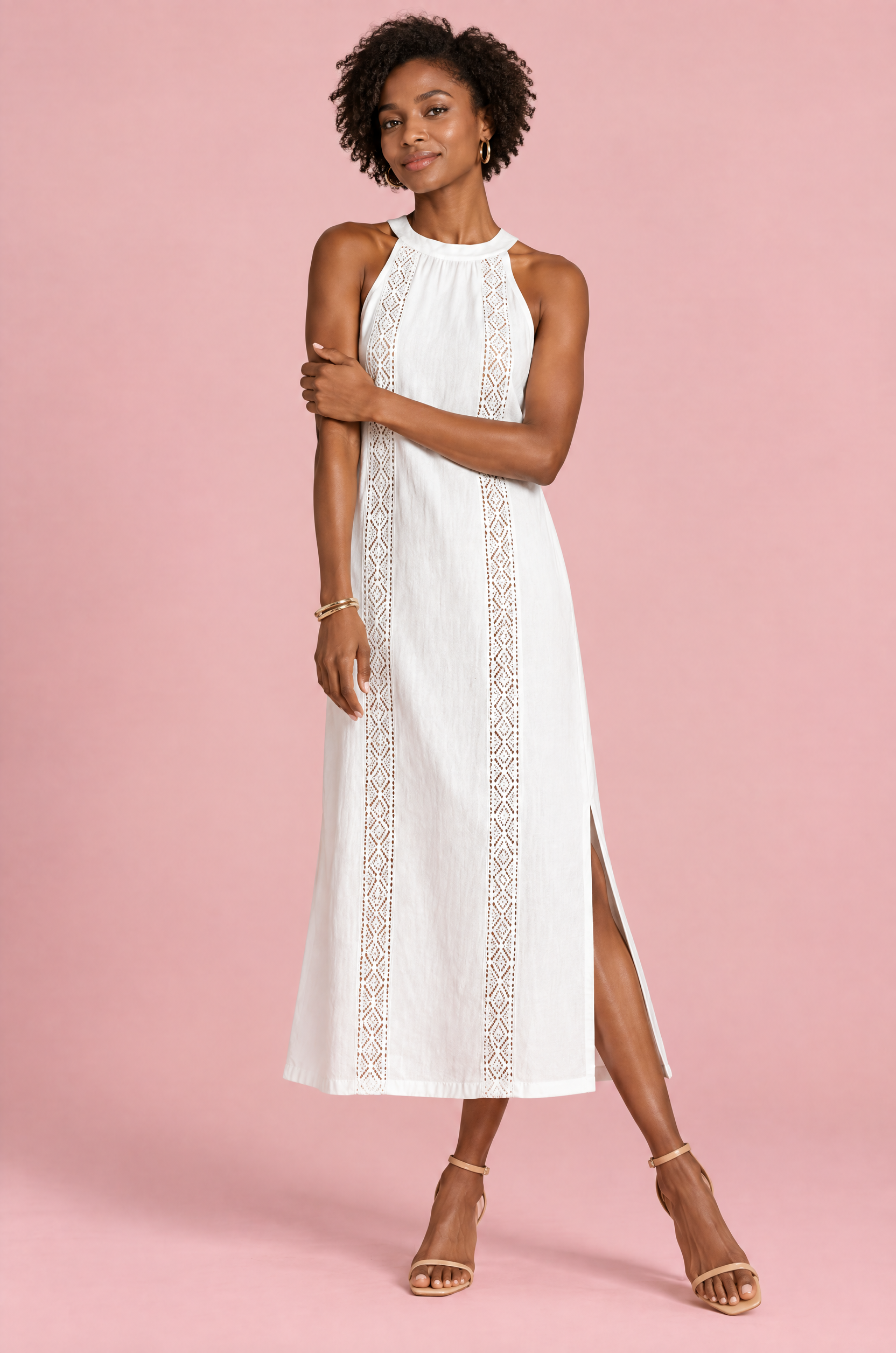 Robe midi blanche plissée sans manches à fente | Vue de dos | Lounelle Paris