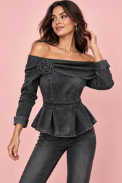 Blouse noire à épaules dénudées et basque | Vue de face | Lounelle Paris
