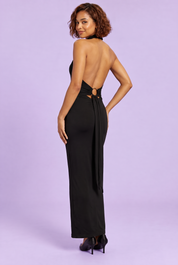 Robe longue noire à encolure asymétrique, avec col | Vue de dos | Lounelle Paris