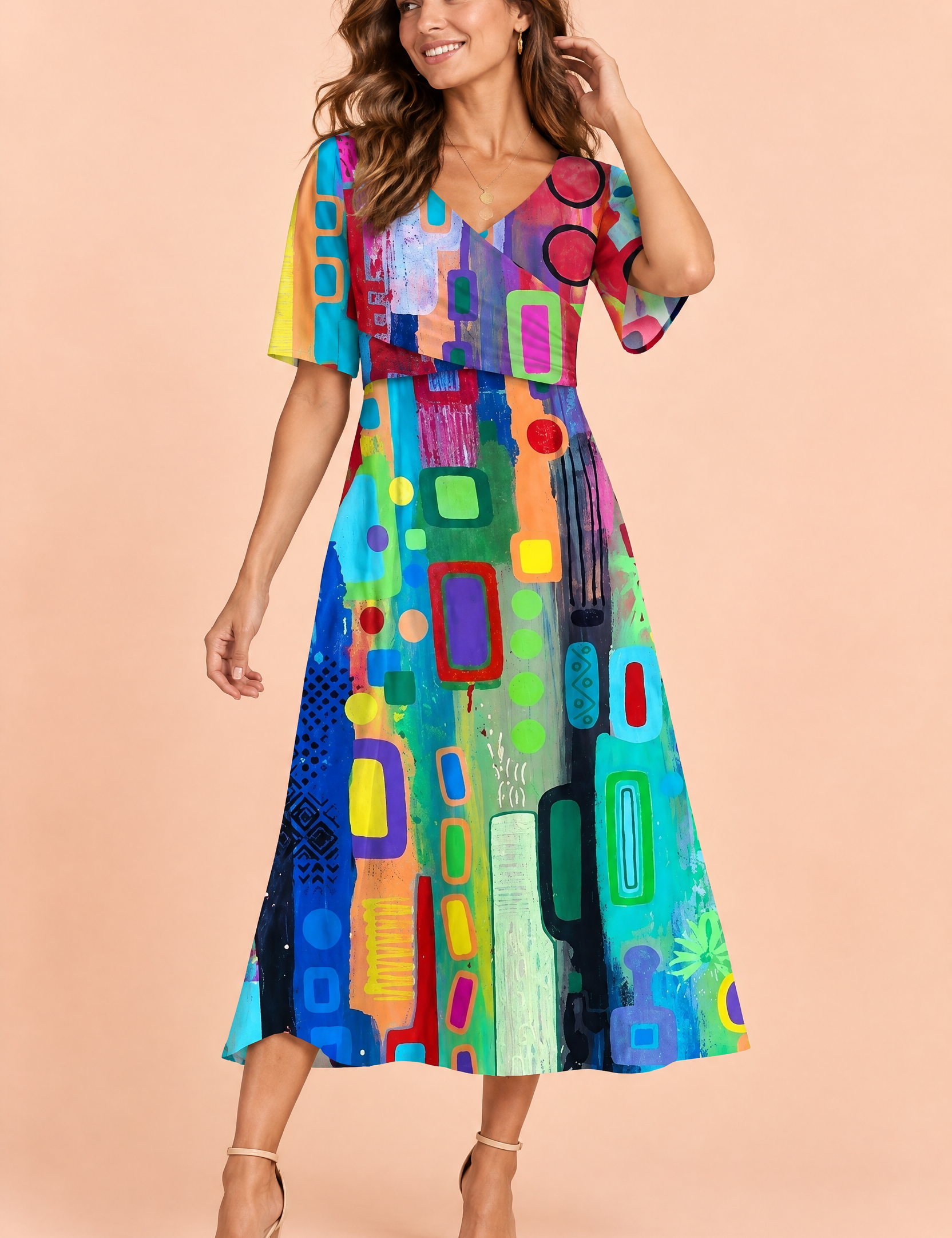 Robe longue bleue à col V | Vue de face | Lounelle Paris