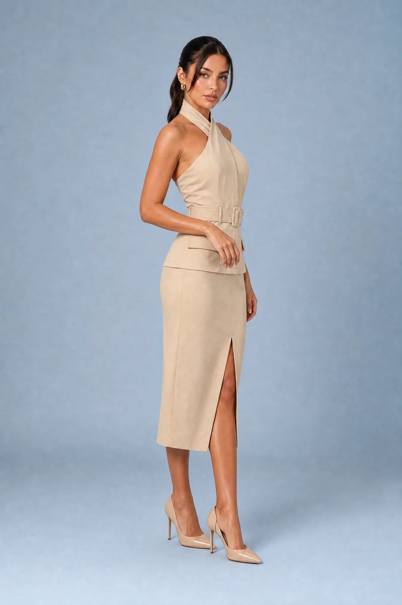 Robe abricot col halter dos nu | Vue de profil | Lounelle Paris