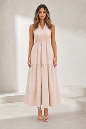 Robe abricot col V à volants | Lounelle Paris