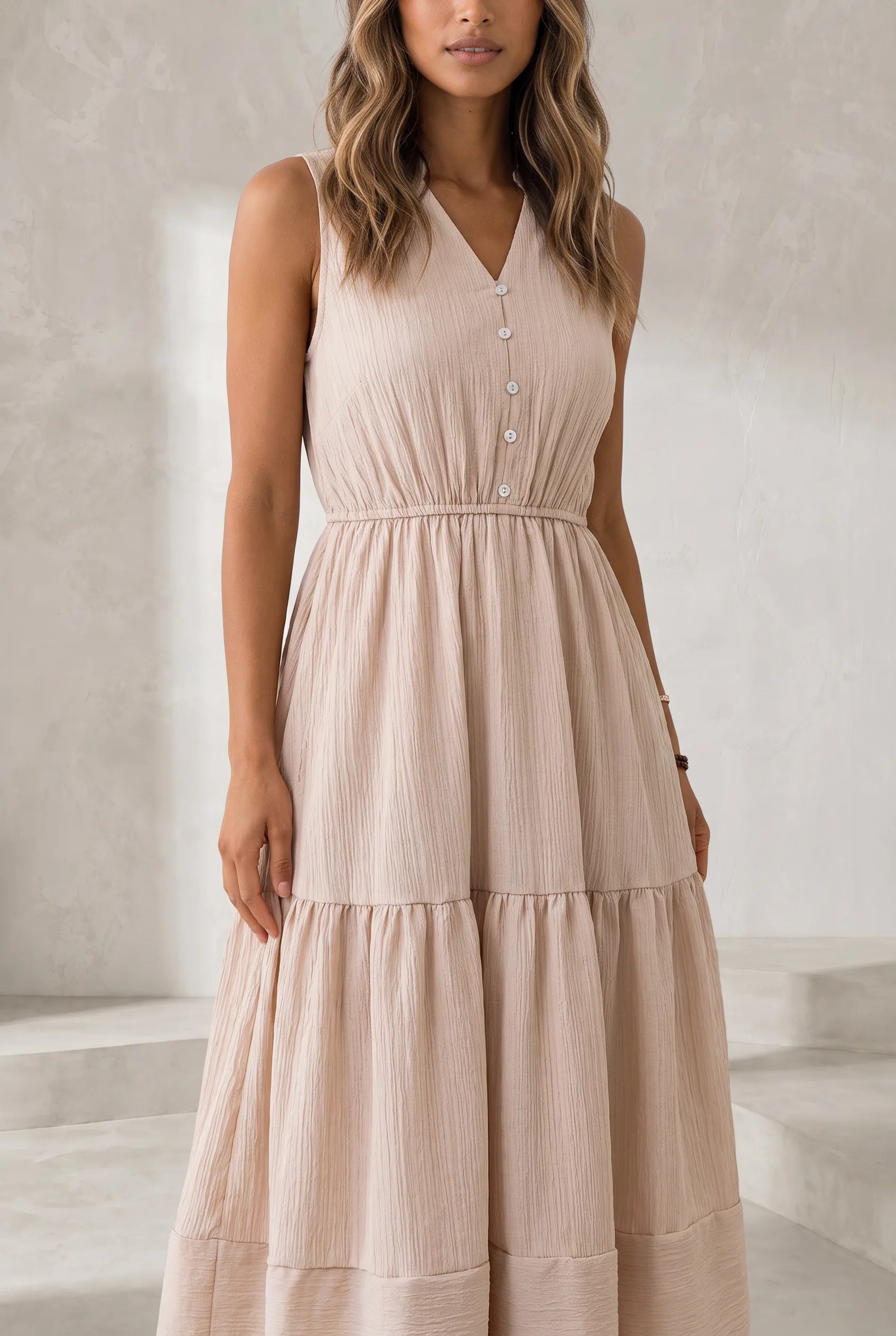 Robe abricot col V à volants | Lounelle Paris