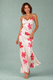 Robe beige bretelles fleurie | Vue en mouvement | Lounelle Paris