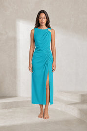 Robe bleu paon drapée asymétrique | Lounelle Paris