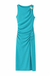 Robe bleu paon drapée asymétrique | Lounelle Paris