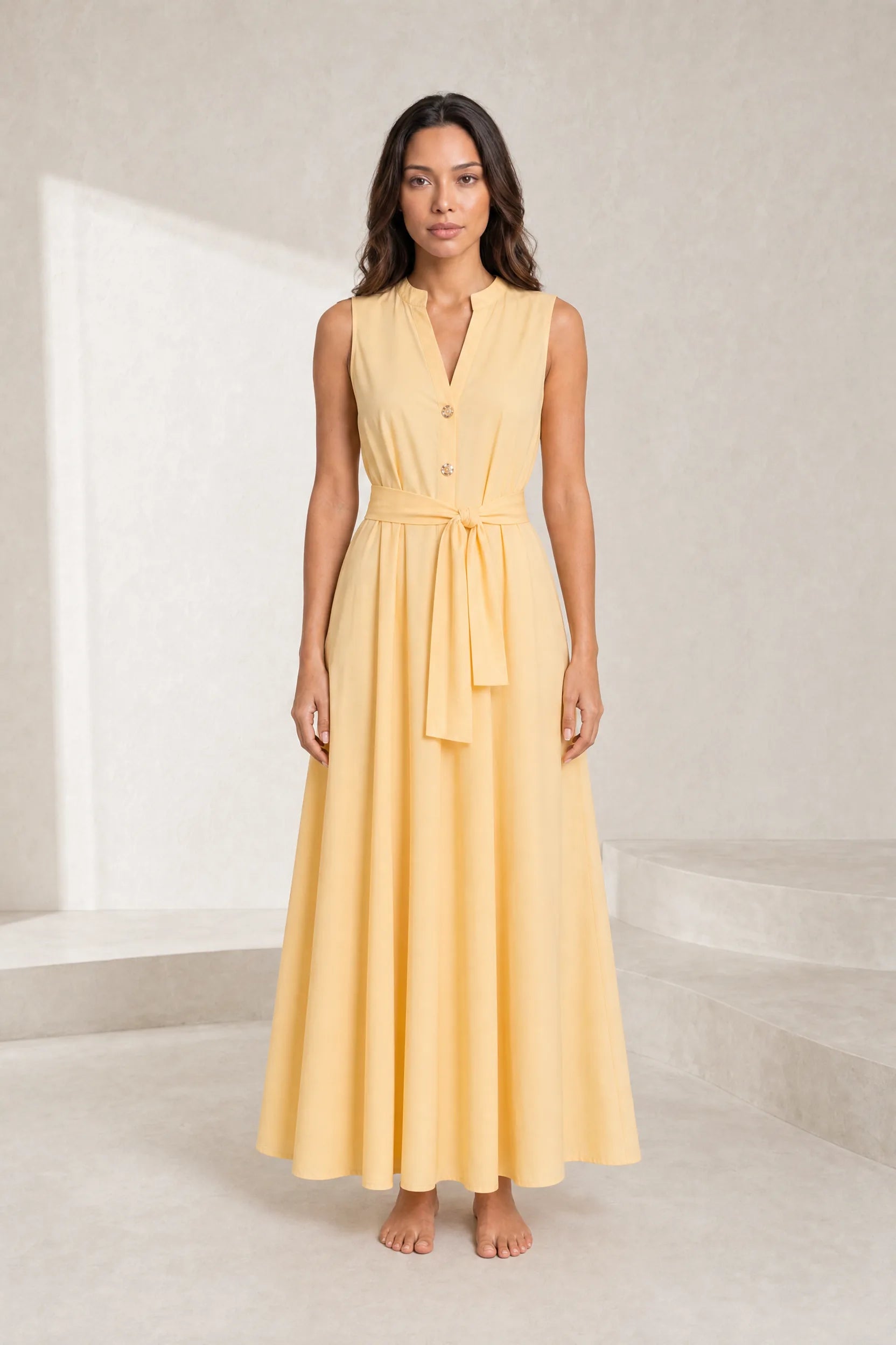 Robe jaune clair sans manches ceinturée | Lounelle Paris