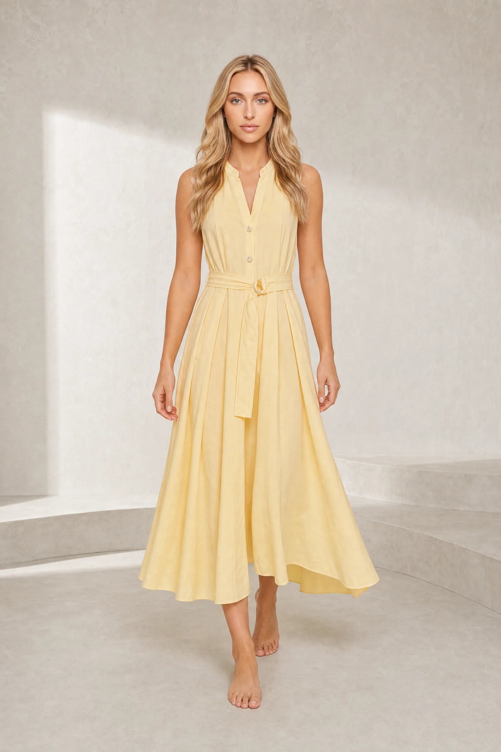 Robe jaune col en V ceinturée | Lounelle Paris