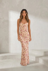 Robe longue abricot fleurie dos nu