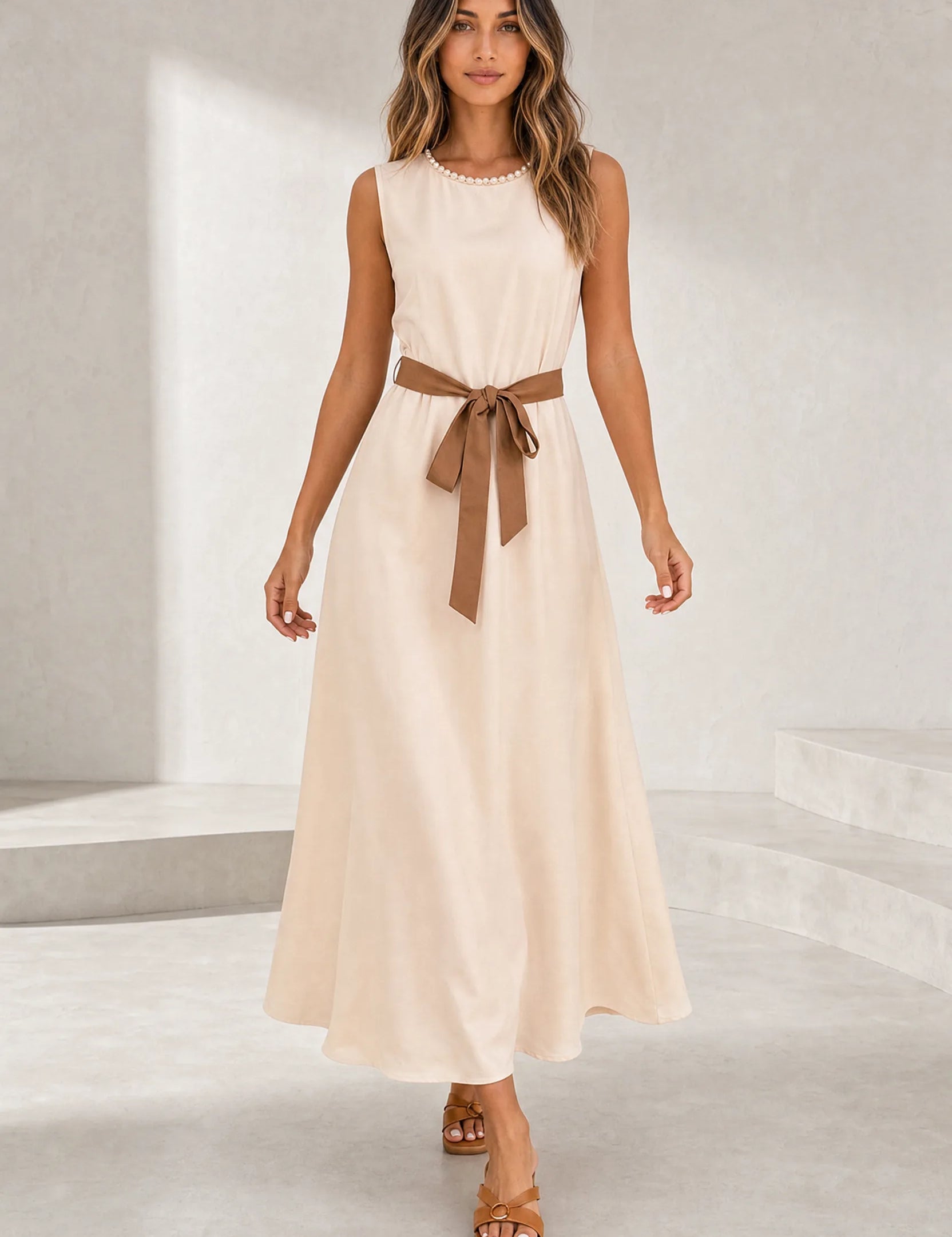 Robe longue abricot sans manches ceinturée | Lounelle Paris