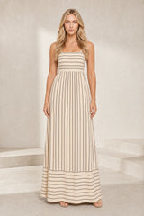 Robe longue beige rayée dos nu