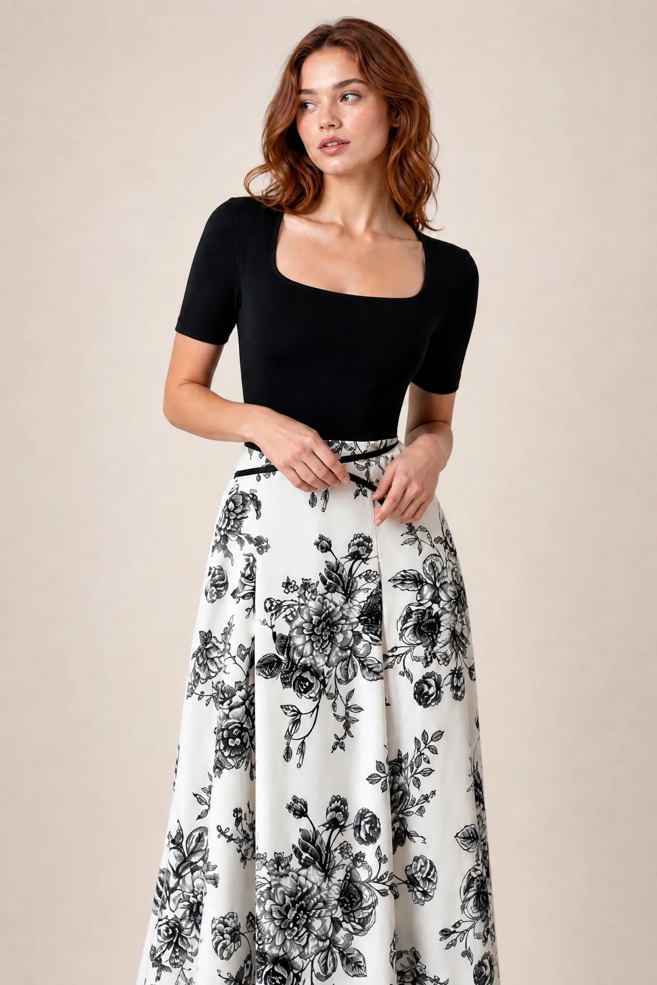Robe longue bicolore col carré | Vue rapprochée | Lounelle Paris