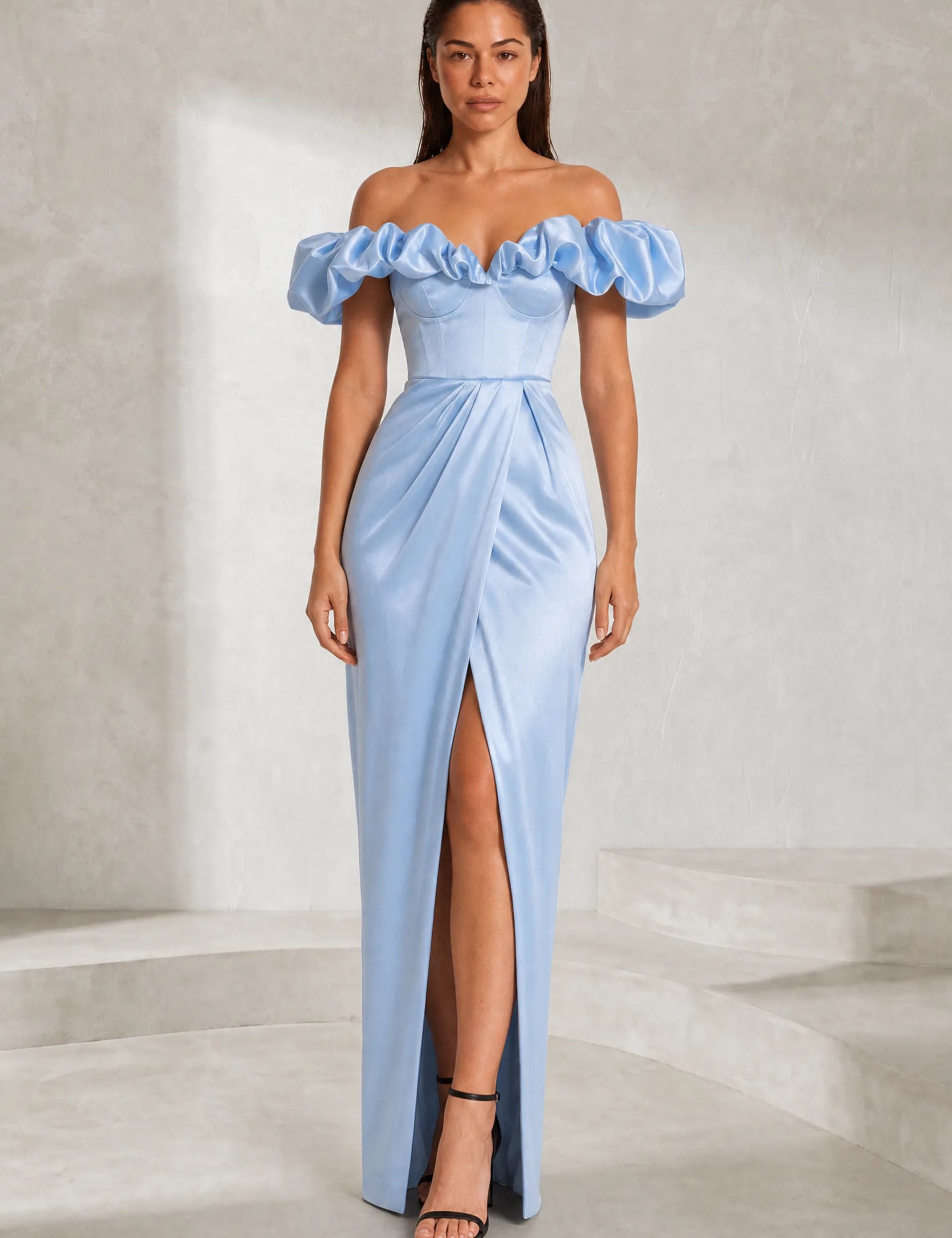 Robe longue bleue fendue épaules dénudées | Lounelle Paris